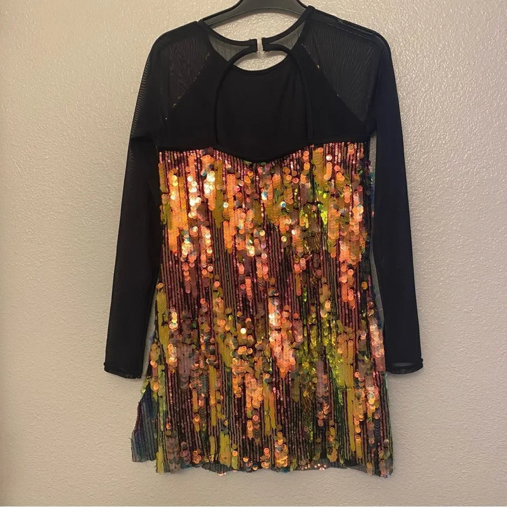 WEISSMAN Dance Costume shift dress Long sleeve black gold sequin Cool 14452 XLC